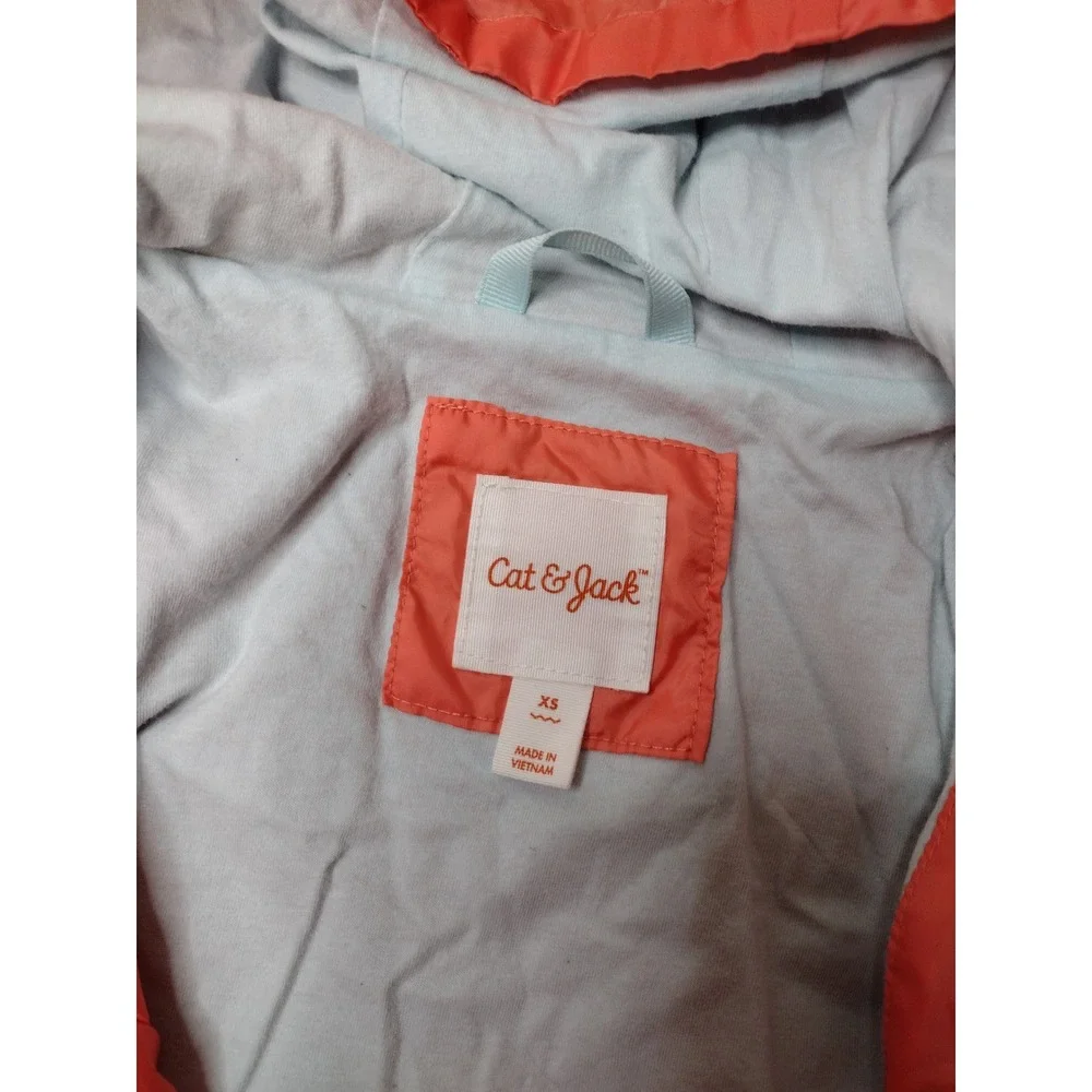 Cat & Jack Kids XS Coral Orange Hooded Windbreaker Jacket Full Zip Light Blue